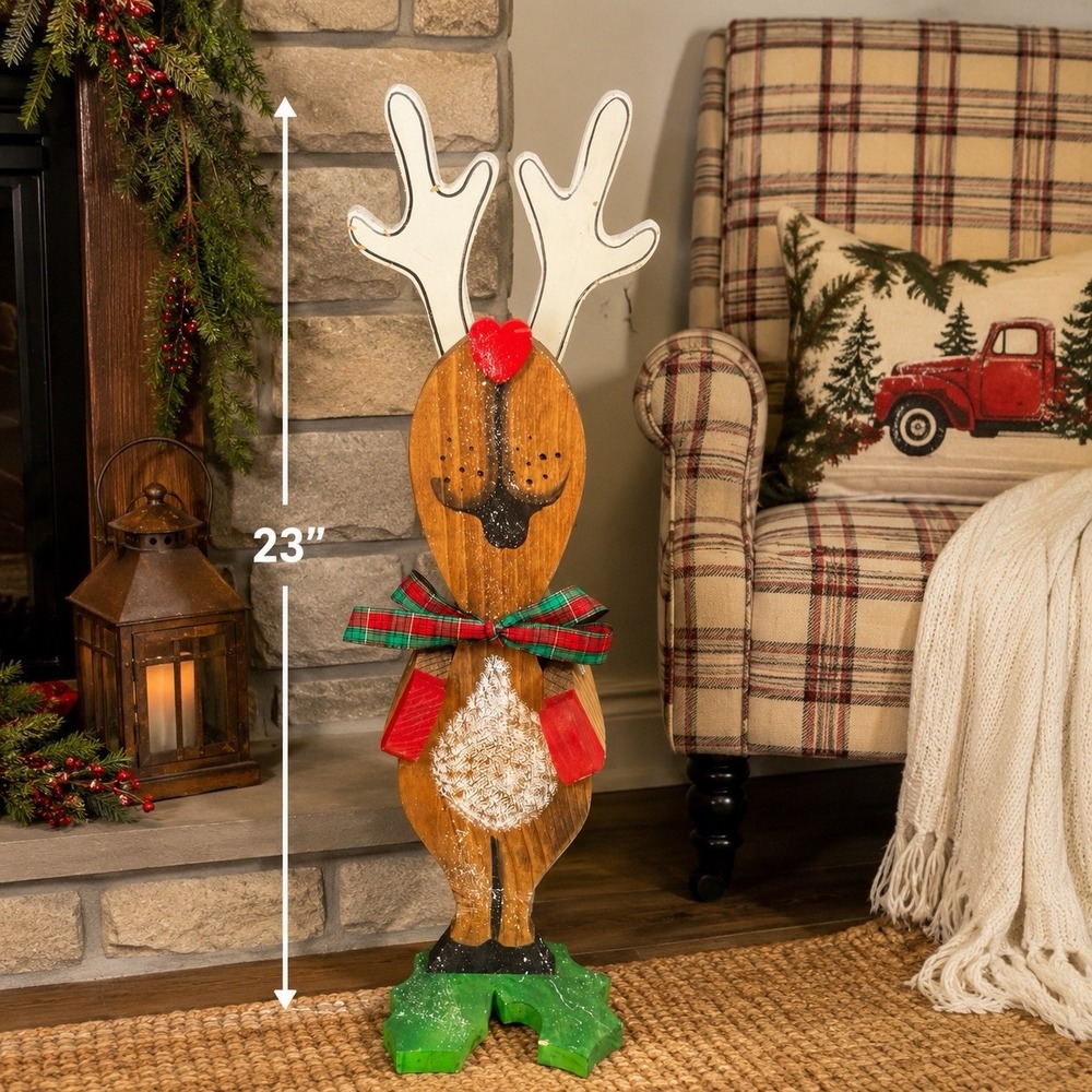 VTG 23" Handmade Wooden Reindeer Christmas Decor Primitive Folk Art Standing